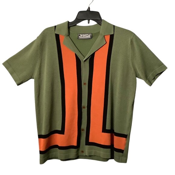 Cruise Knit Men Short Sleeve Button-Up Shirt Large Green Orange Viscose Vintage - Picture 2 of 8